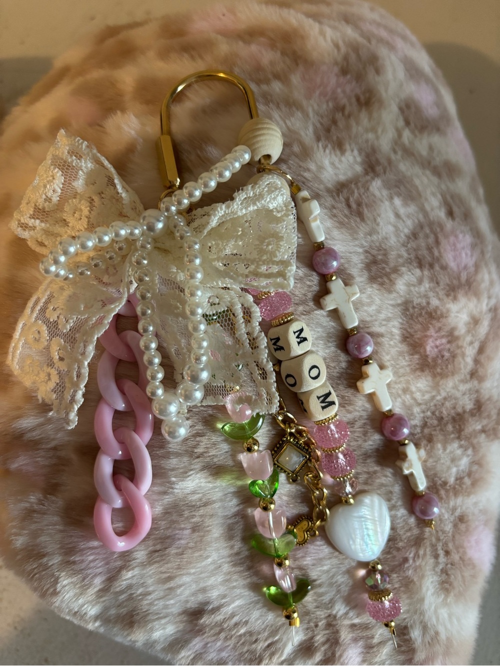 Pink & Cream Lace Bow Keychain Purse Charm